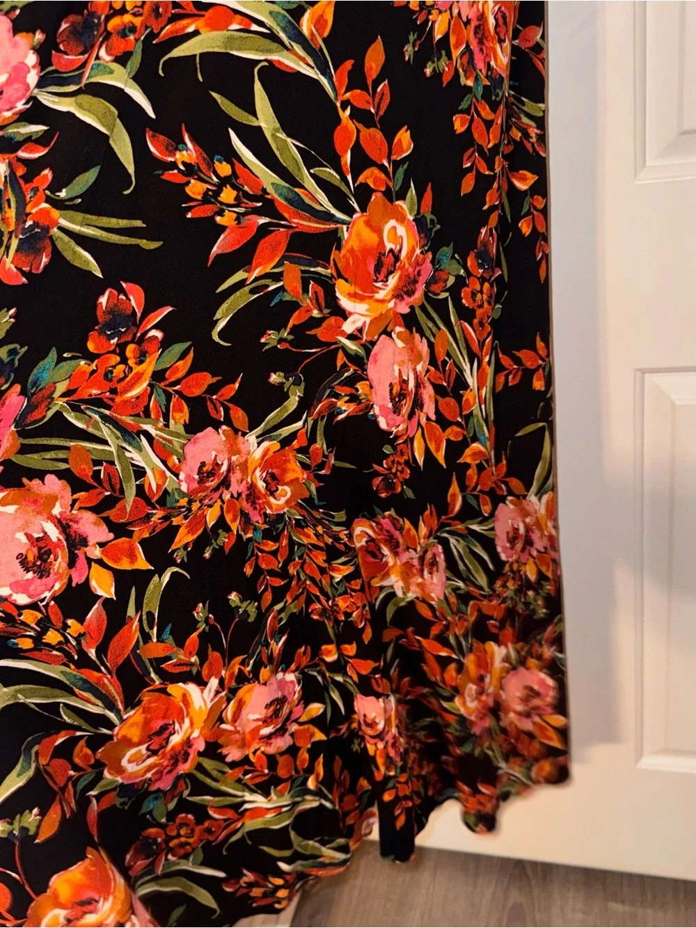MSK Floral Black Maxi Dress Orange Pink Blooms tie back sash 100% viscose M - Picture 6 of 14